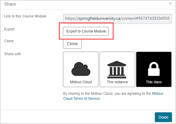 In the Share window, the Export to Course Module button is second from the top.
